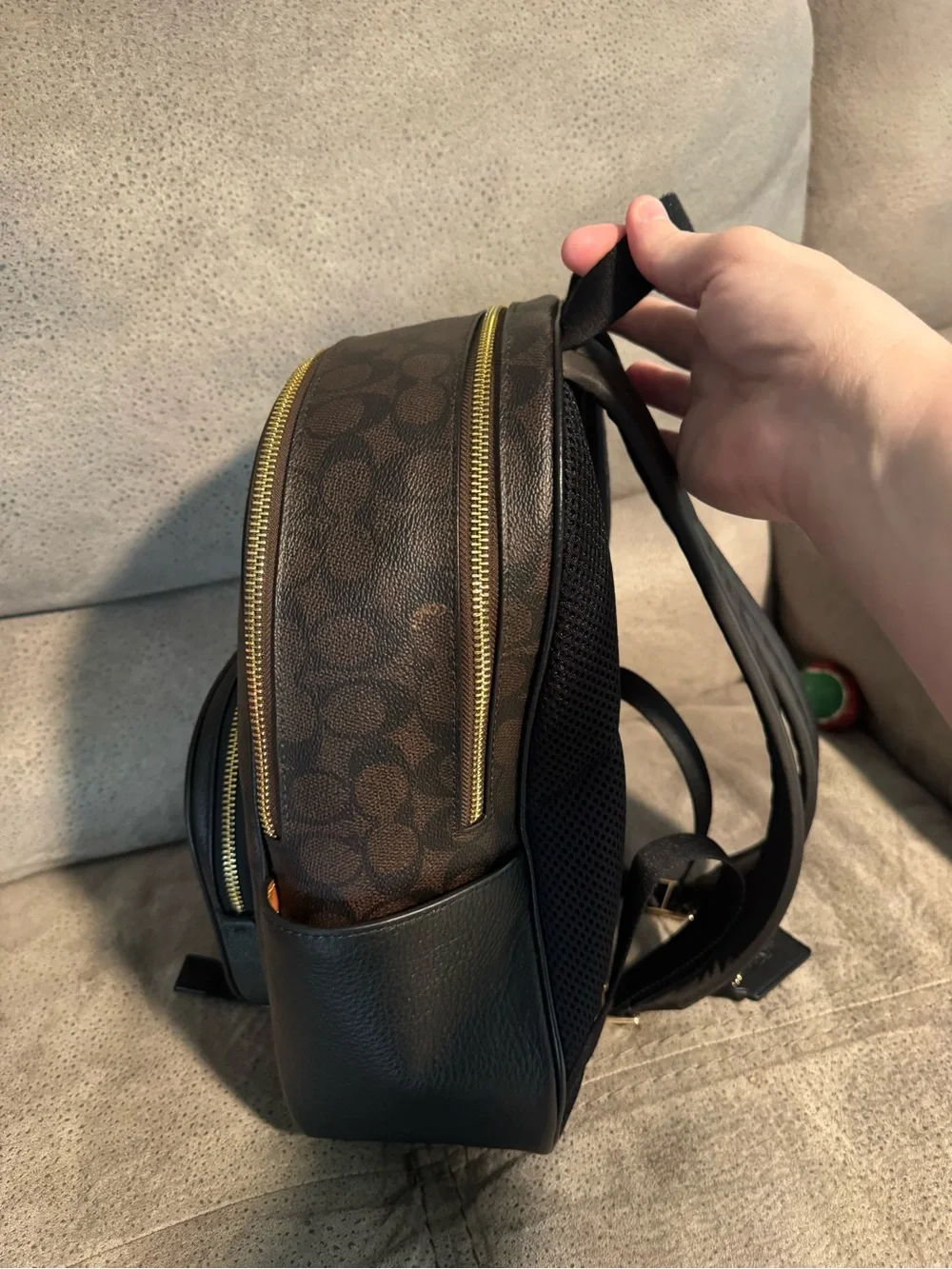 Coach Brown Signature Canvas Mini Backpack with Black Leather Trim